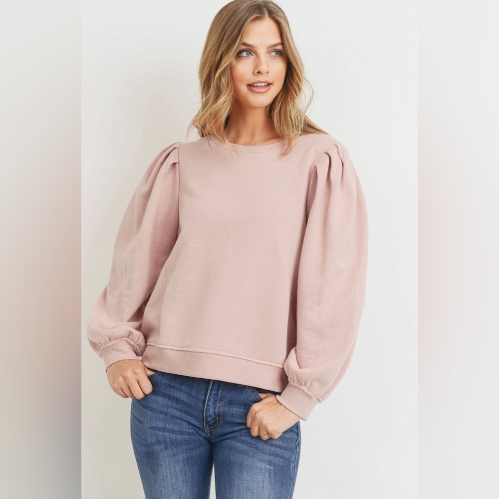 Long Sleeve Bubble Sleeve French Terry Pullover-Blush